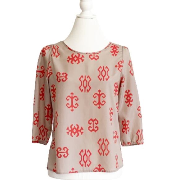 Gianni Bini Blouse Taupe Orange Tangerine Print Blouse Top Size Medium - Picture 1 of 9